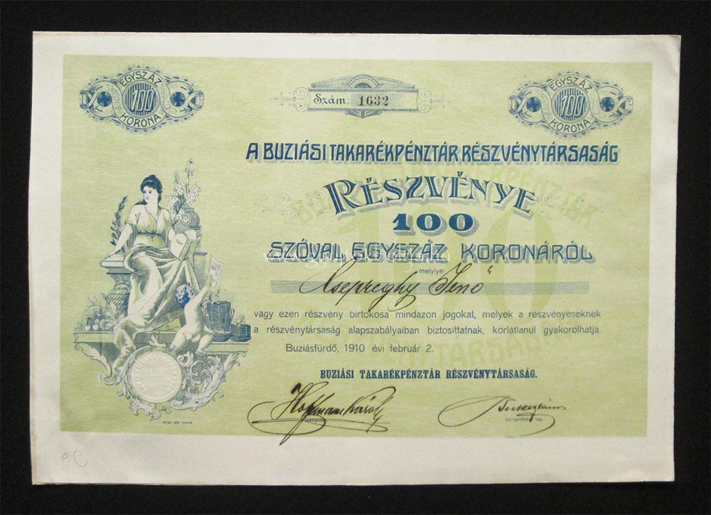 Buziási Takarékpénztár részvény 100 korona 1910 /ROU/